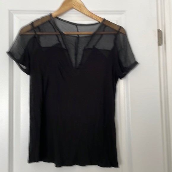 Heather Elegant black silk top with faux leather trim and amazing details, small - Picture 1 of 5